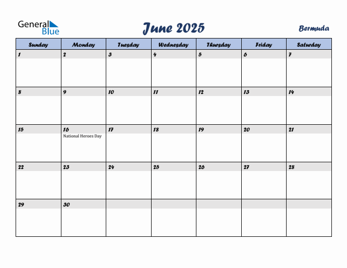 June 2025 Calendar with Holidays in Bermuda