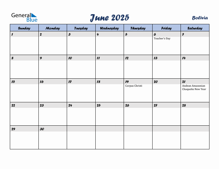 June 2025 Calendar with Holidays in Bolivia