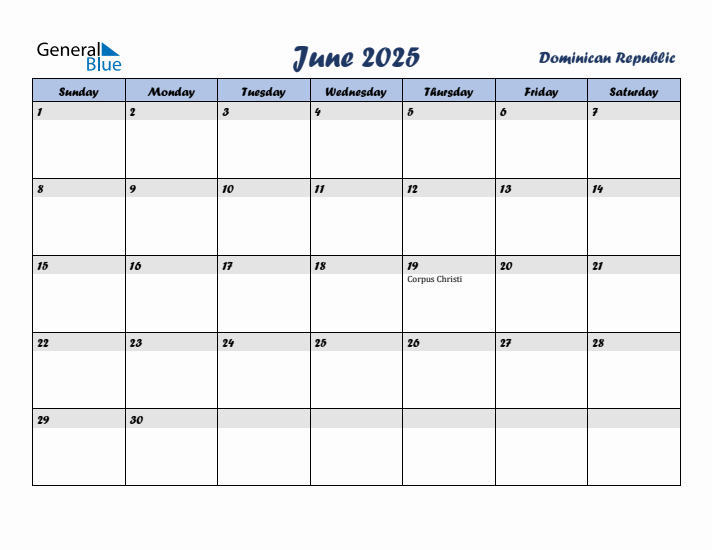 June 2025 Calendar with Holidays in Dominican Republic