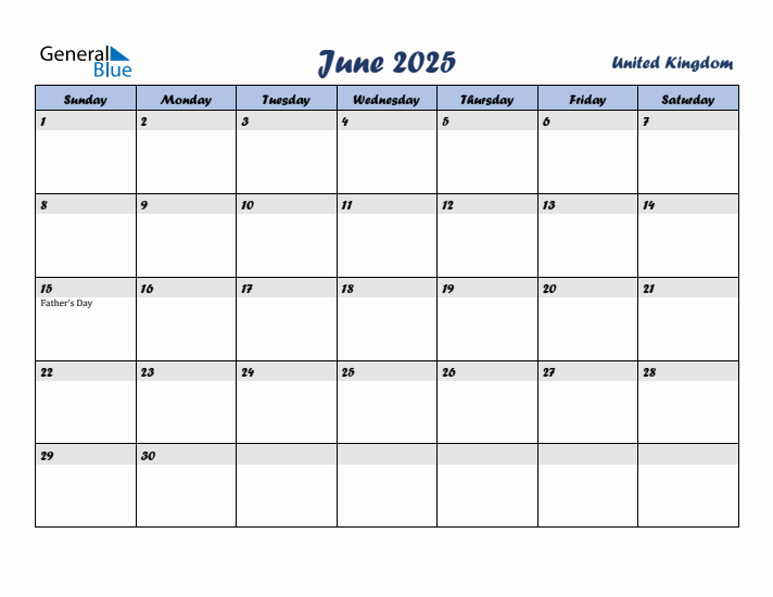 June 2025 Calendar with Holidays in United Kingdom