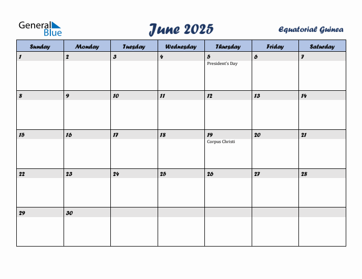 June 2025 Calendar with Holidays in Equatorial Guinea