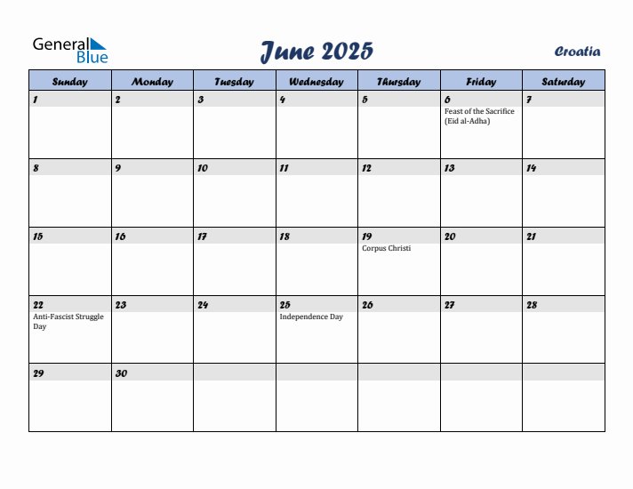 June 2025 Calendar with Holidays in Croatia