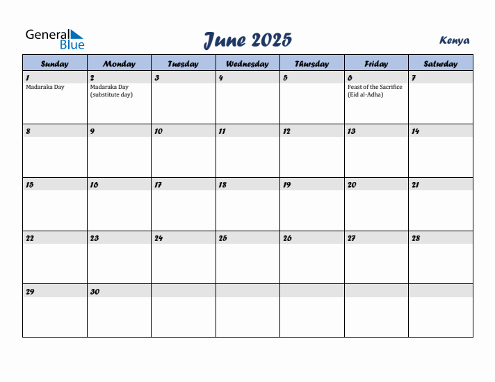 June 2025 Calendar with Holidays in Kenya