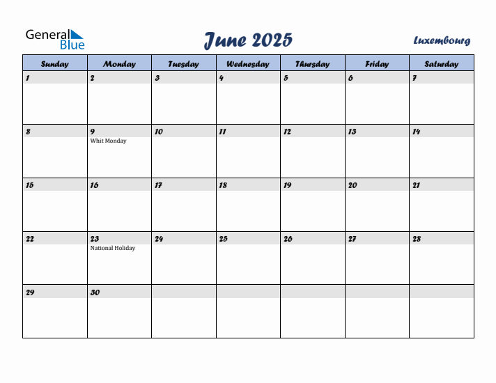 June 2025 Calendar with Holidays in Luxembourg