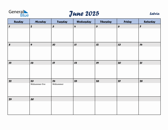 June 2025 Calendar with Holidays in Latvia