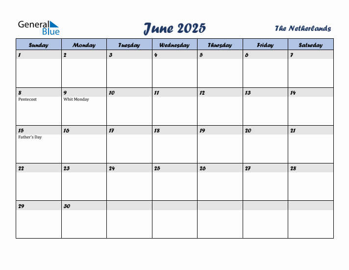 June 2025 Calendar with Holidays in The Netherlands