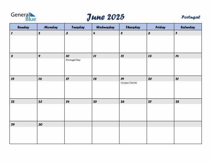 June 2025 Calendar with Holidays in Portugal