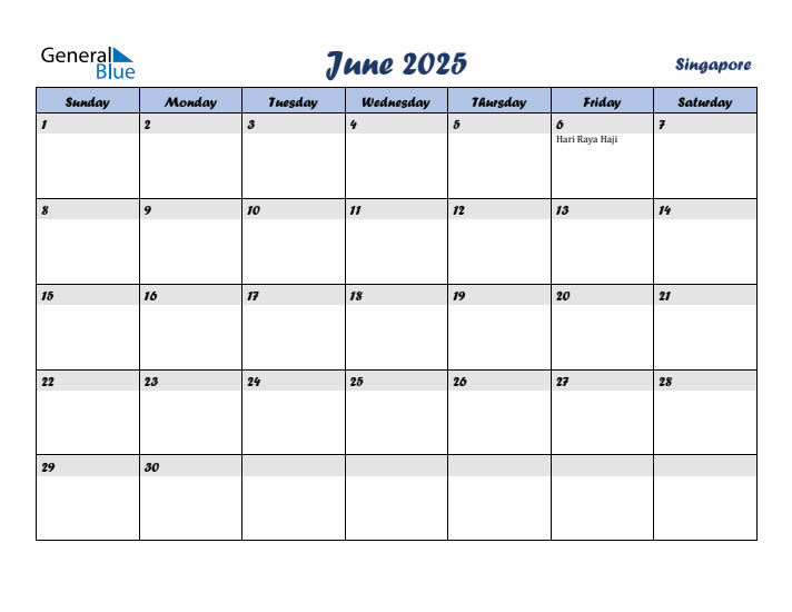 June 2025 Calendar with Holidays in Singapore