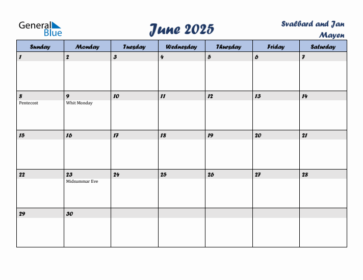 June 2025 Calendar with Holidays in Svalbard and Jan Mayen