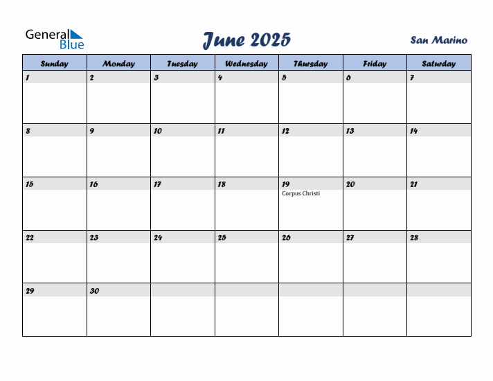 June 2025 Calendar with Holidays in San Marino