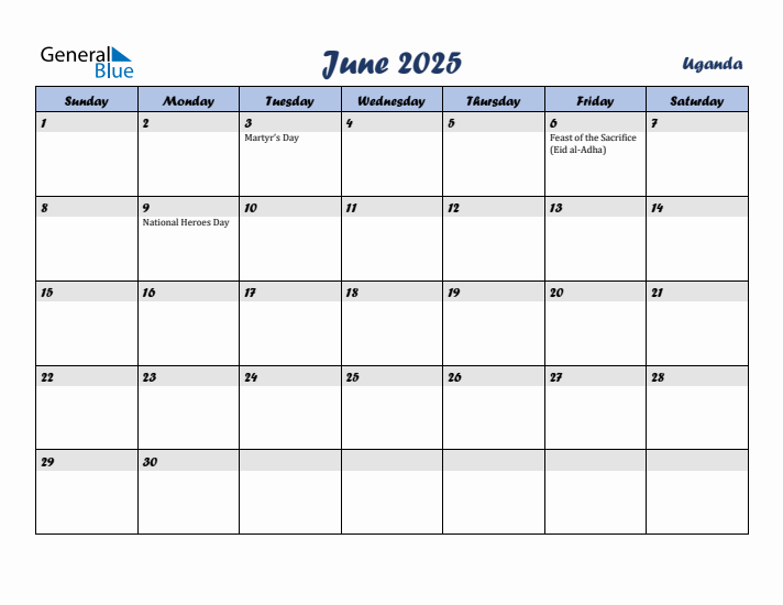 June 2025 Calendar with Holidays in Uganda