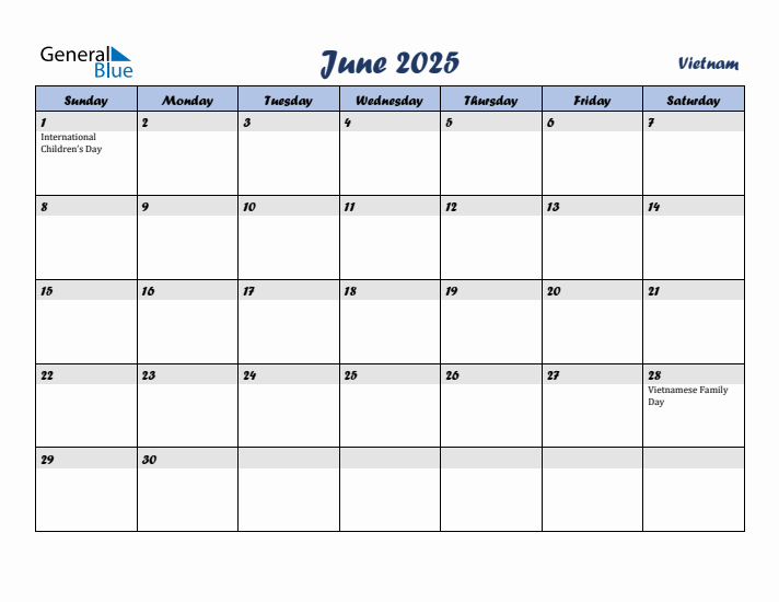 June 2025 Calendar with Holidays in Vietnam