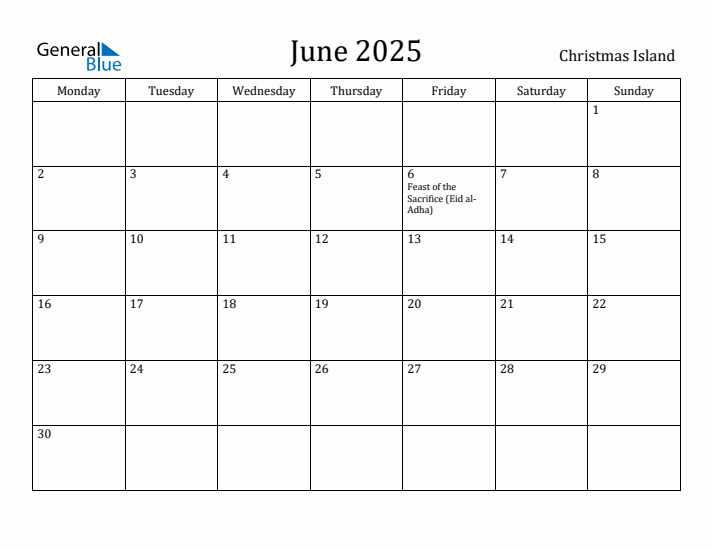 June 2025 Calendar Christmas Island