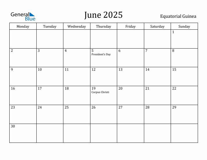 June 2025 Calendar Equatorial Guinea