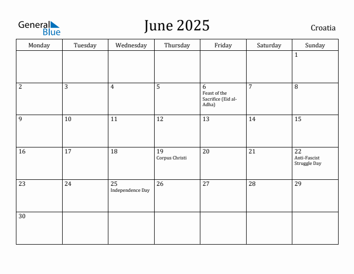 June 2025 Calendar Croatia