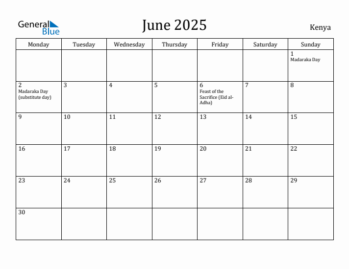 June 2025 Calendar Kenya