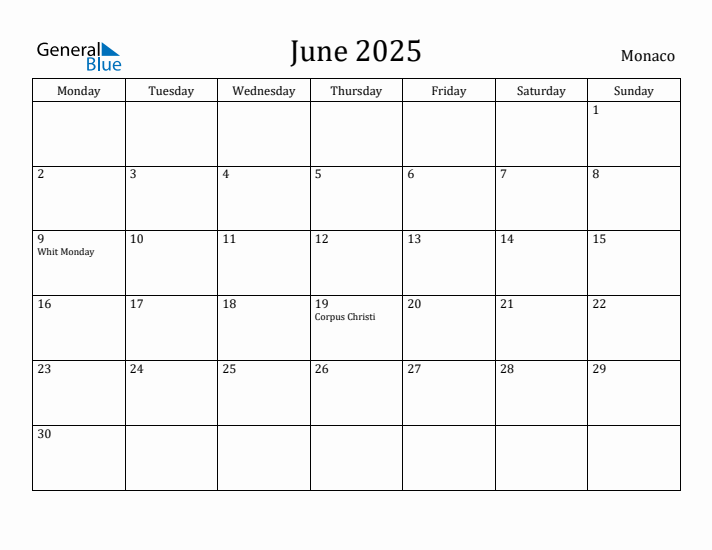 June 2025 Calendar Monaco