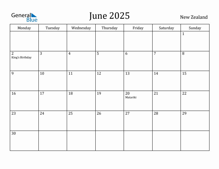 June 2025 Calendar New Zealand