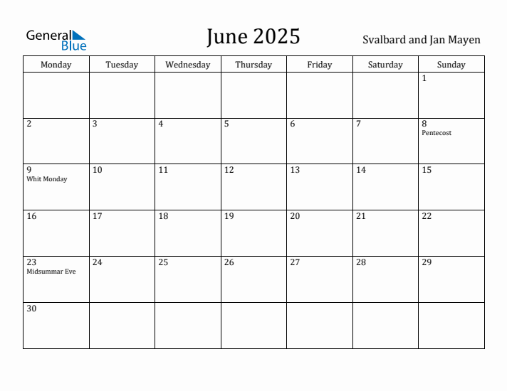 June 2025 Calendar Svalbard and Jan Mayen