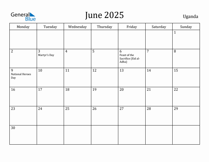 June 2025 Calendar Uganda