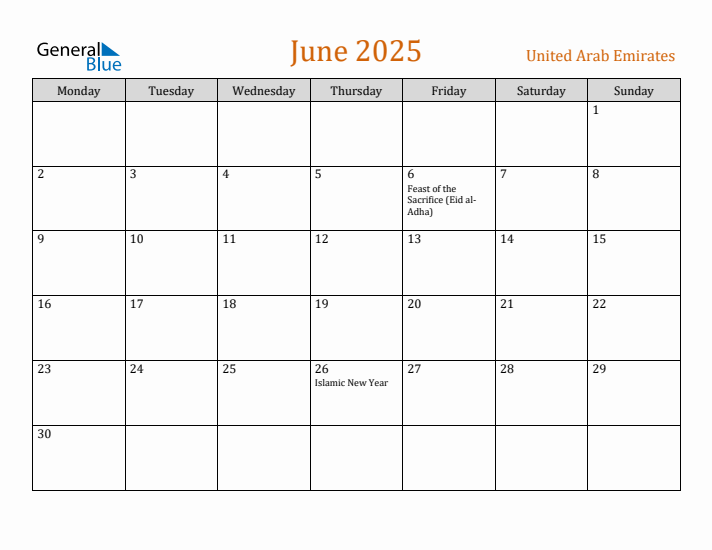 June 2025 Holiday Calendar with Monday Start