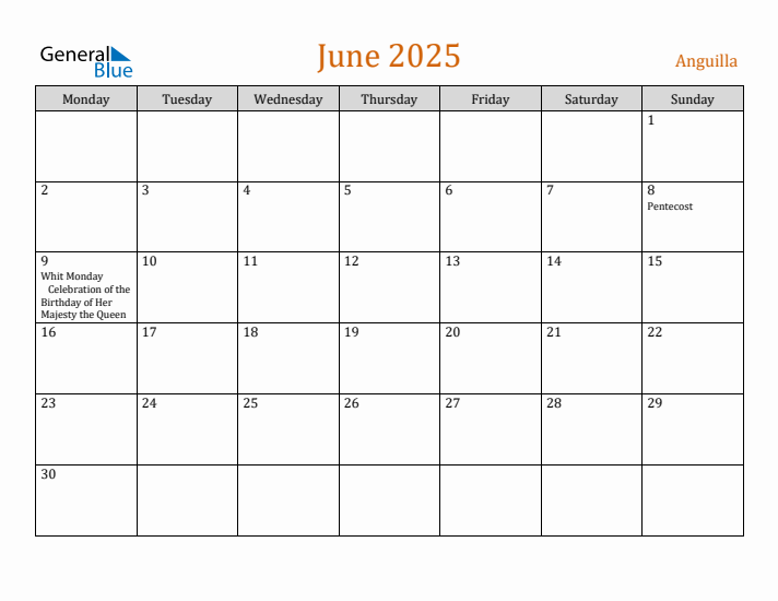 June 2025 Holiday Calendar with Monday Start