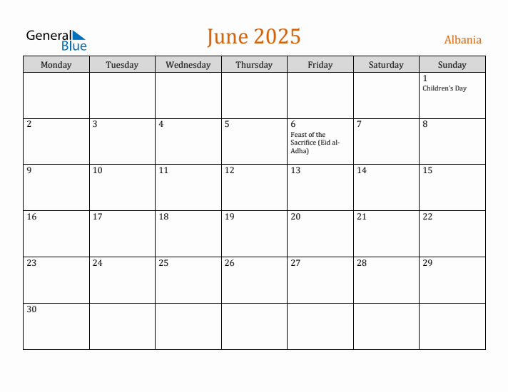 June 2025 Holiday Calendar with Monday Start