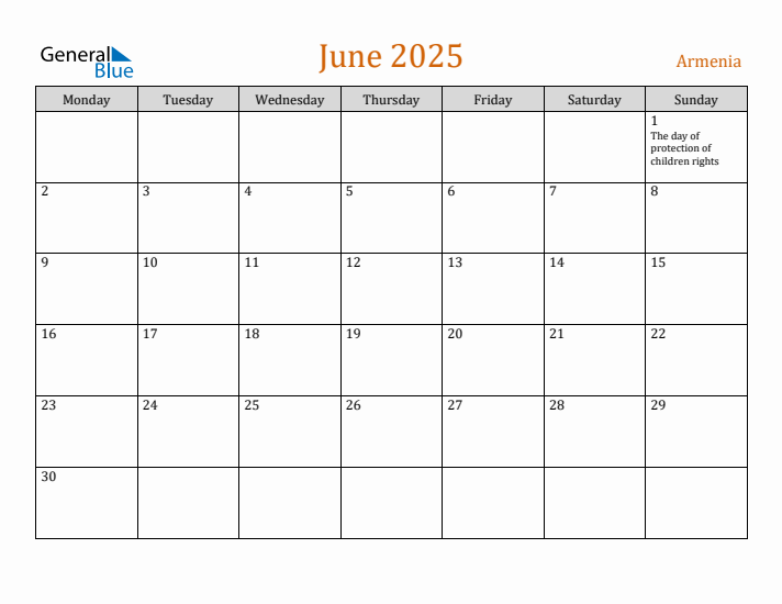 June 2025 Holiday Calendar with Monday Start