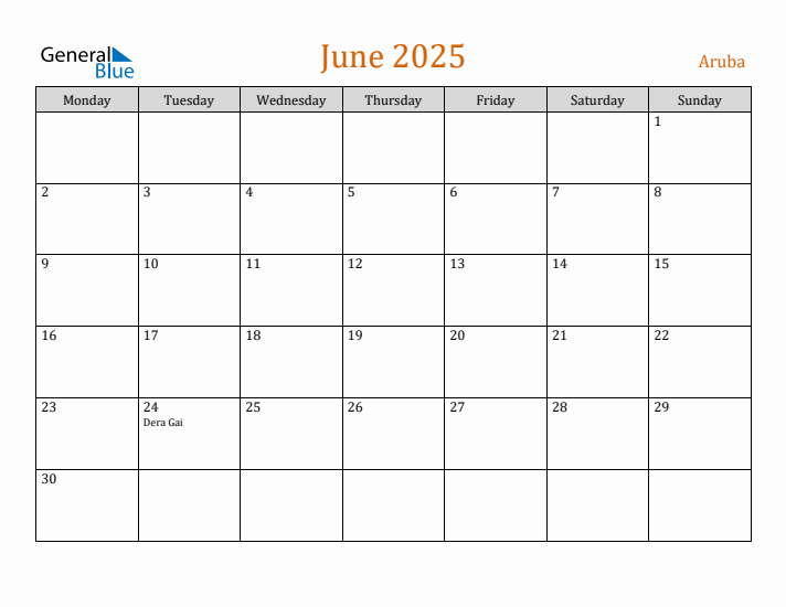 June 2025 Holiday Calendar with Monday Start