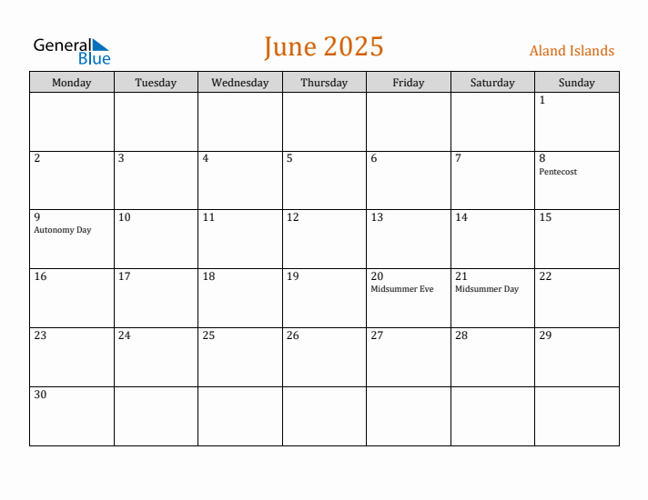 June 2025 Holiday Calendar with Monday Start