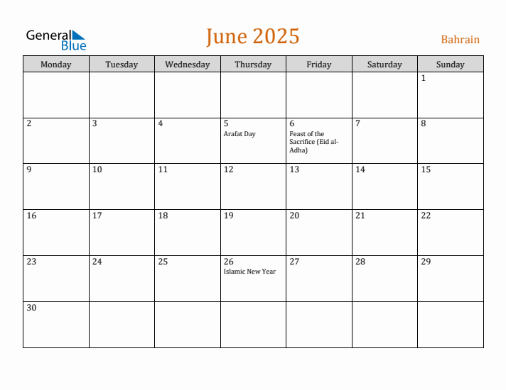 June 2025 Holiday Calendar with Monday Start