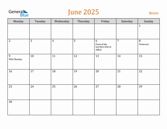 June 2025 Holiday Calendar with Monday Start