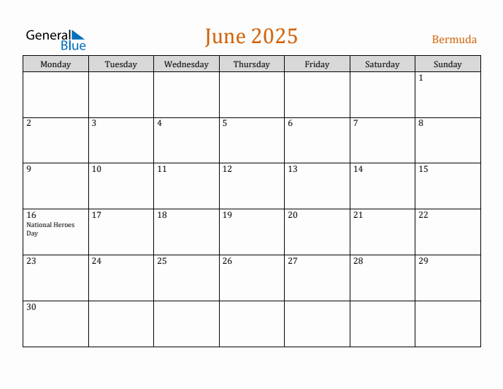 June 2025 Holiday Calendar with Monday Start