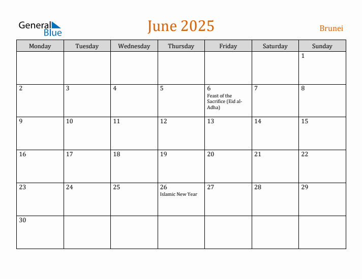 June 2025 Holiday Calendar with Monday Start