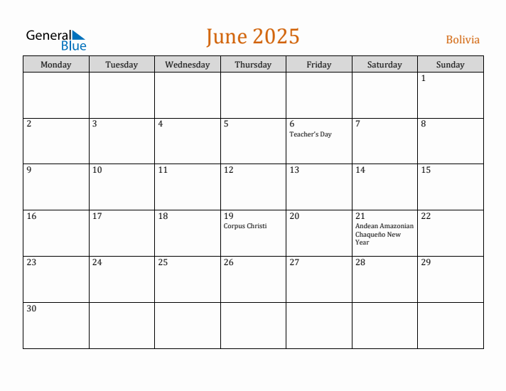 June 2025 Holiday Calendar with Monday Start