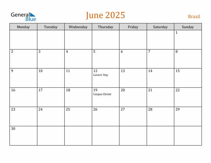 June 2025 Holiday Calendar with Monday Start