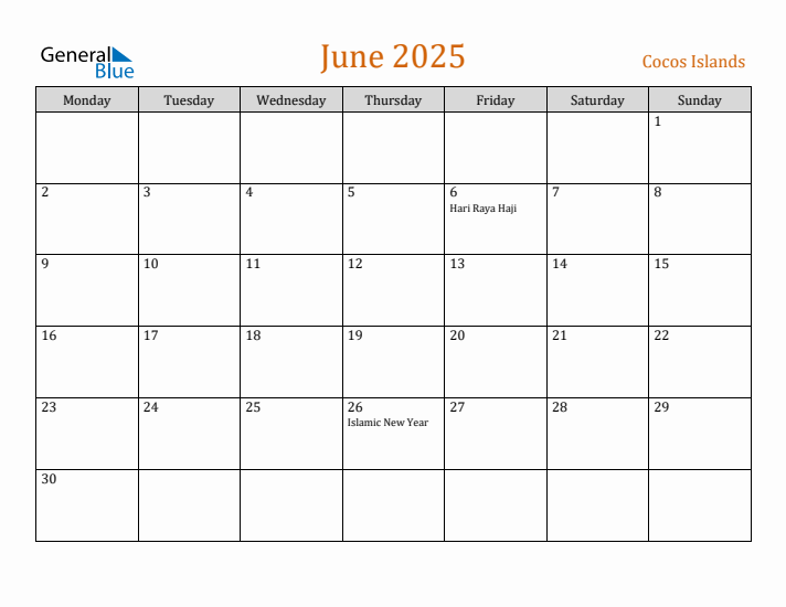 June 2025 Holiday Calendar with Monday Start