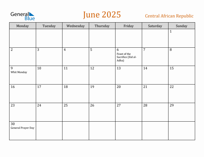 June 2025 Holiday Calendar with Monday Start