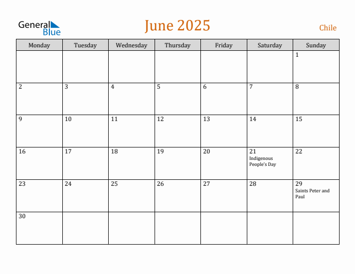 June 2025 Holiday Calendar with Monday Start