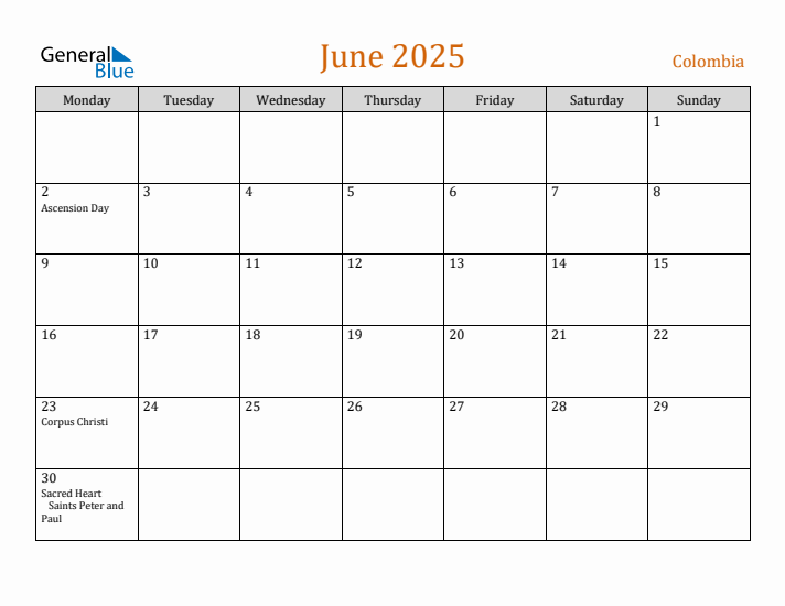 June 2025 Holiday Calendar with Monday Start