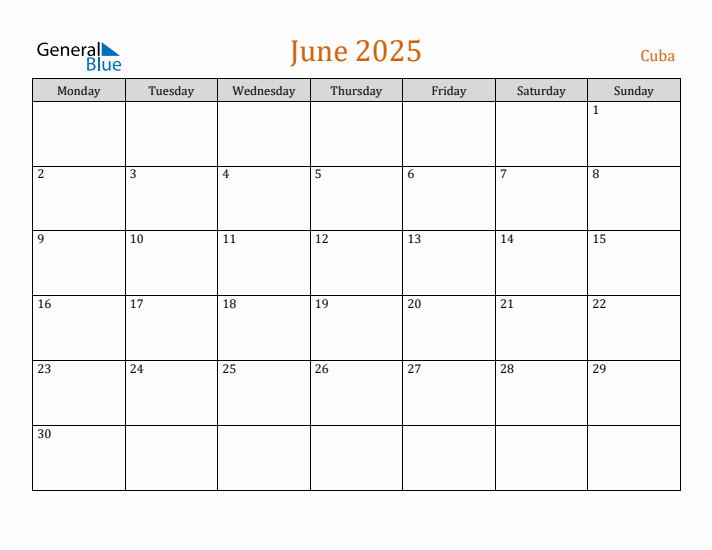 June 2025 Holiday Calendar with Monday Start