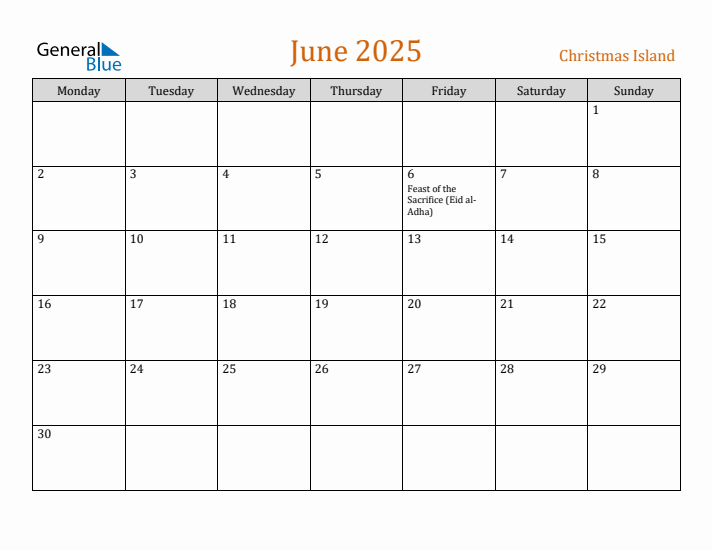 June 2025 Holiday Calendar with Monday Start