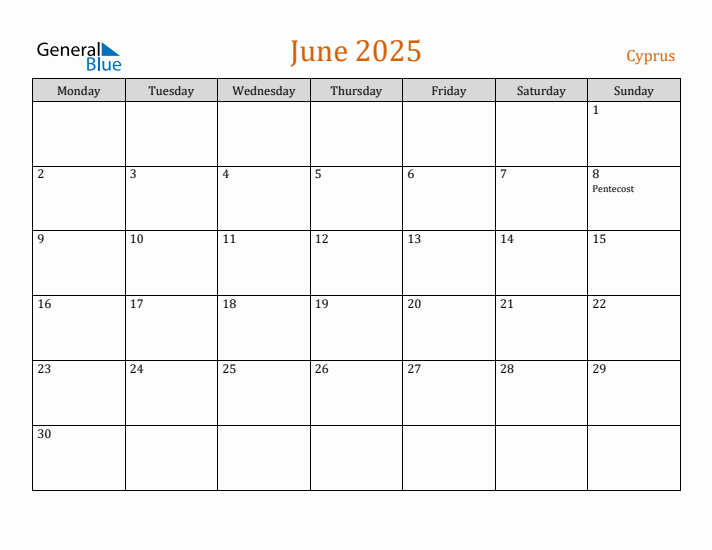 June 2025 Holiday Calendar with Monday Start