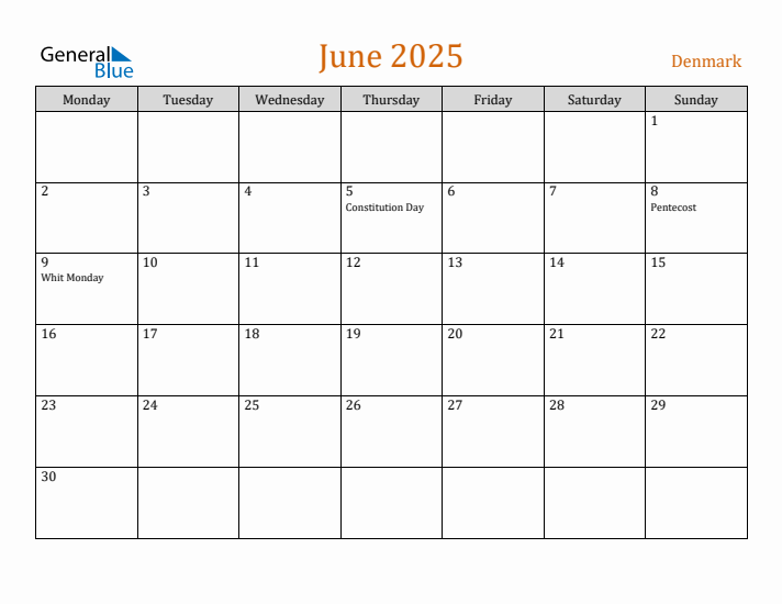 June 2025 Holiday Calendar with Monday Start