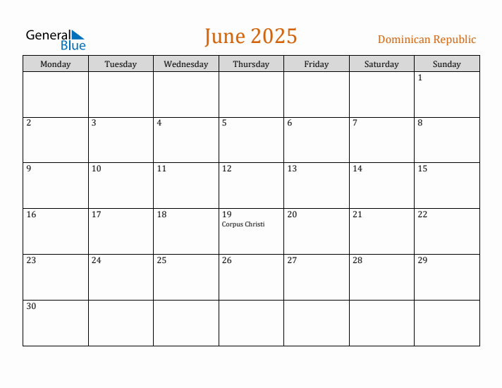 June 2025 Holiday Calendar with Monday Start