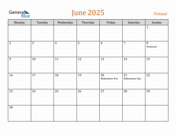 June 2025 Holiday Calendar with Monday Start