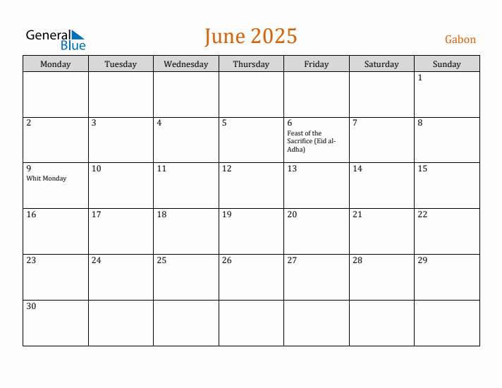 June 2025 Holiday Calendar with Monday Start