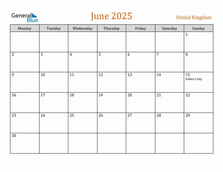 June 2025 Holiday Calendar with Monday Start