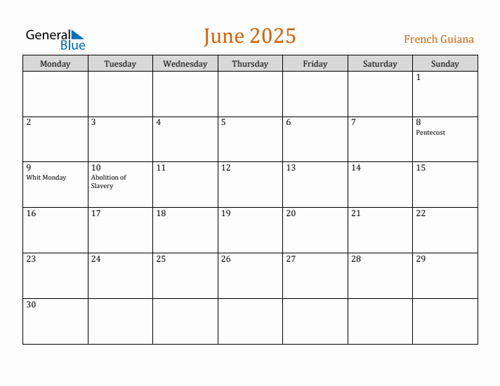 June 2025 Holiday Calendar with Monday Start