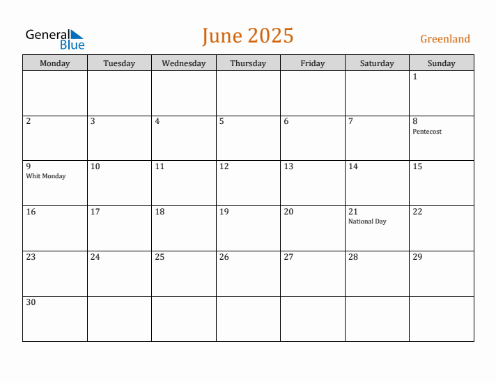 June 2025 Holiday Calendar with Monday Start